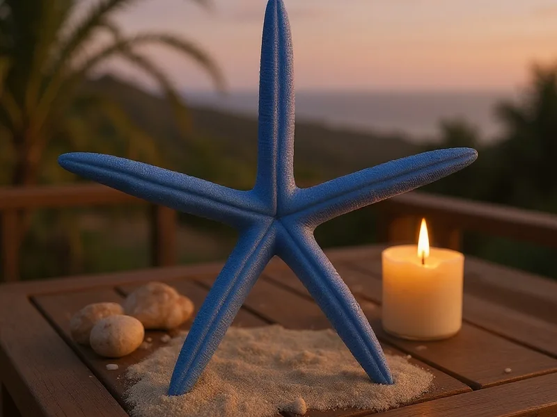 Centro de mesa DIY con estrella de mar albina azul y elementos marinos, decoración costera.