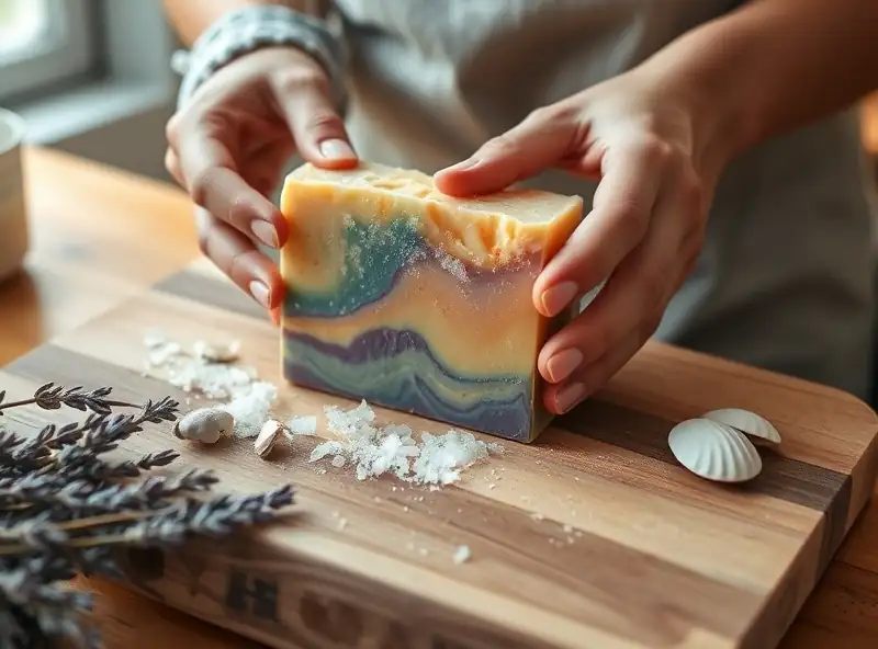 Manos creando jabones artesanales con ingredientes naturales y el libro de Esencia Marina abierto, ambiente costero