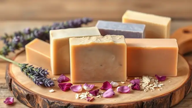 Libro de recetas de jabones artesanales abierto con ingredientes naturales y jabones terminados, enfoque técnico