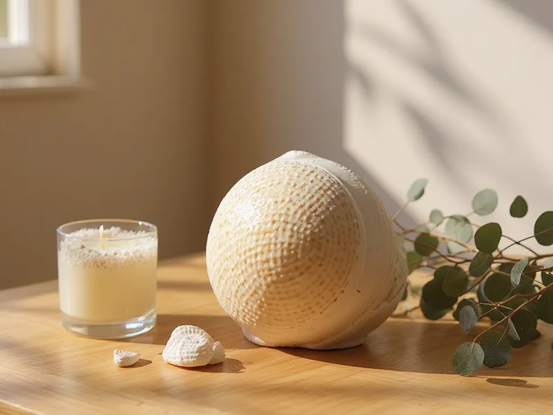 Composición decorativa con Caracola Fricus Gracilis, vela de gel marina y detalles naturales en mesa de madera clara.