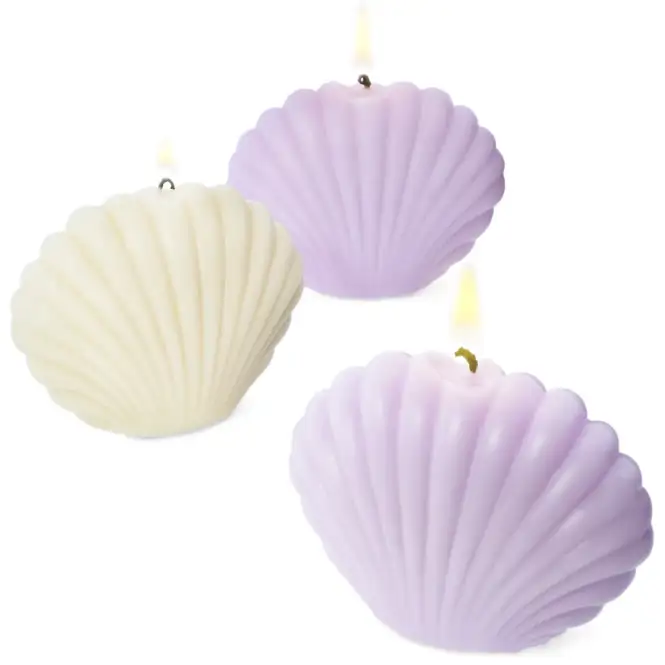 Velas artesanales con forma de concha marina terminadas, listas para decorar